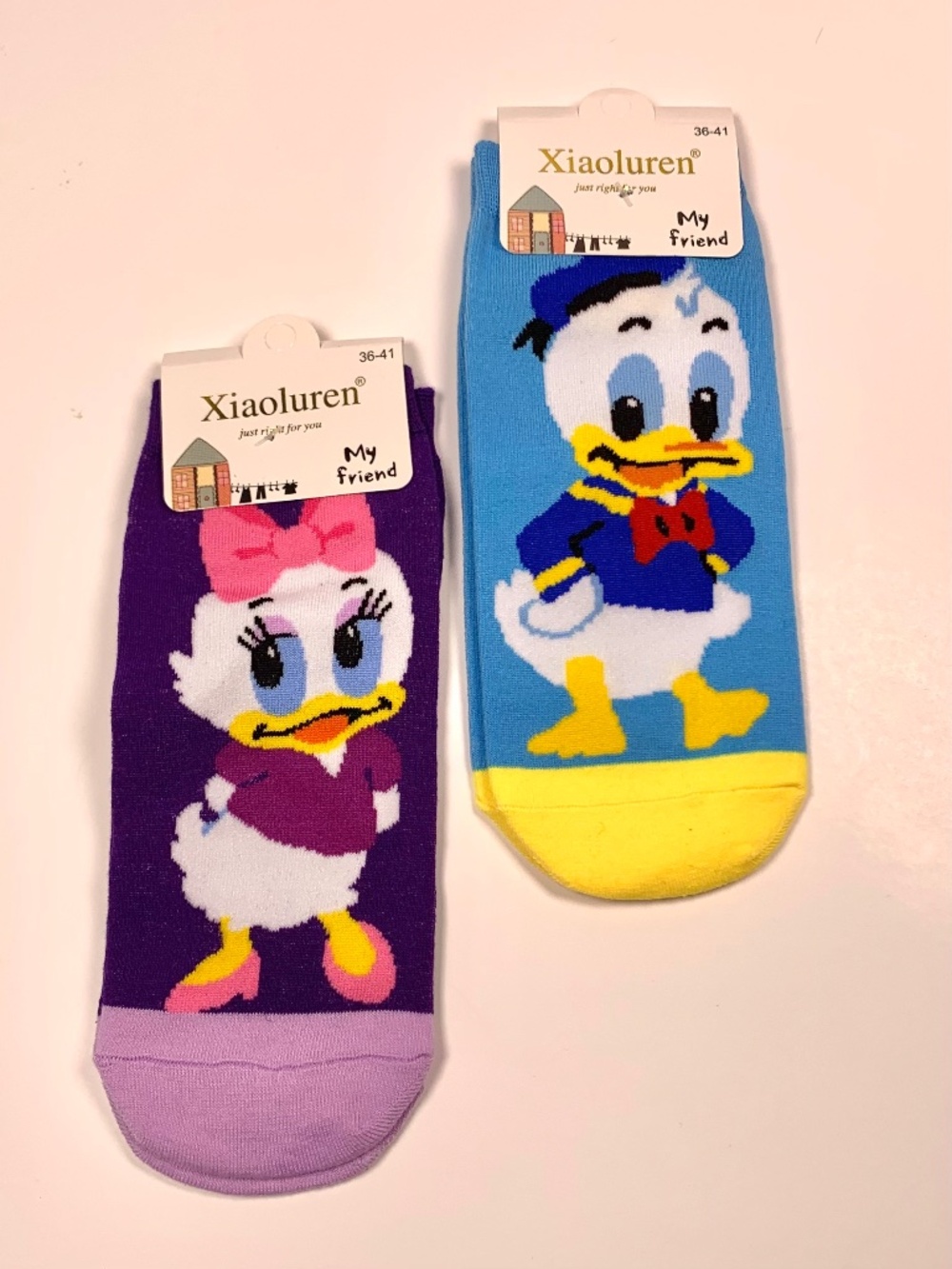 Donald & Daffy Duck cozy ankle socks blue yellow Disney cartoon 100% Cotton